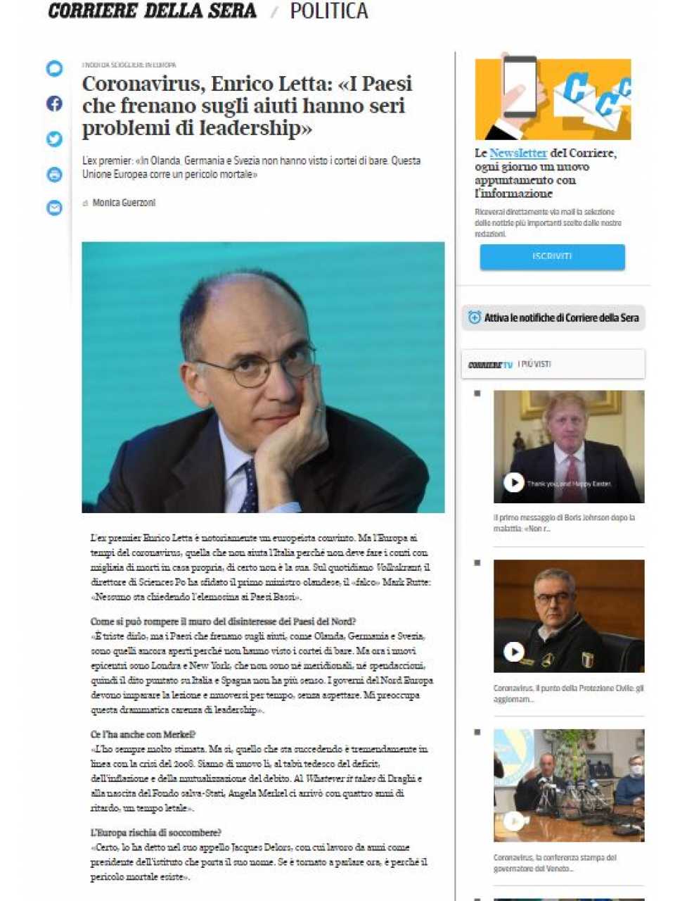 Coronavirus, Enrico Letta: 