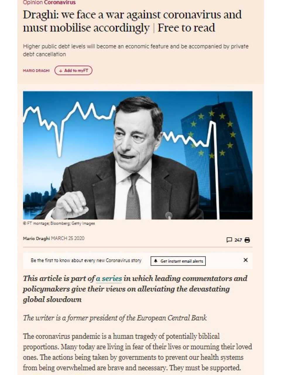 Draghi: we face a war against coronavirus and must mobilise accordingly