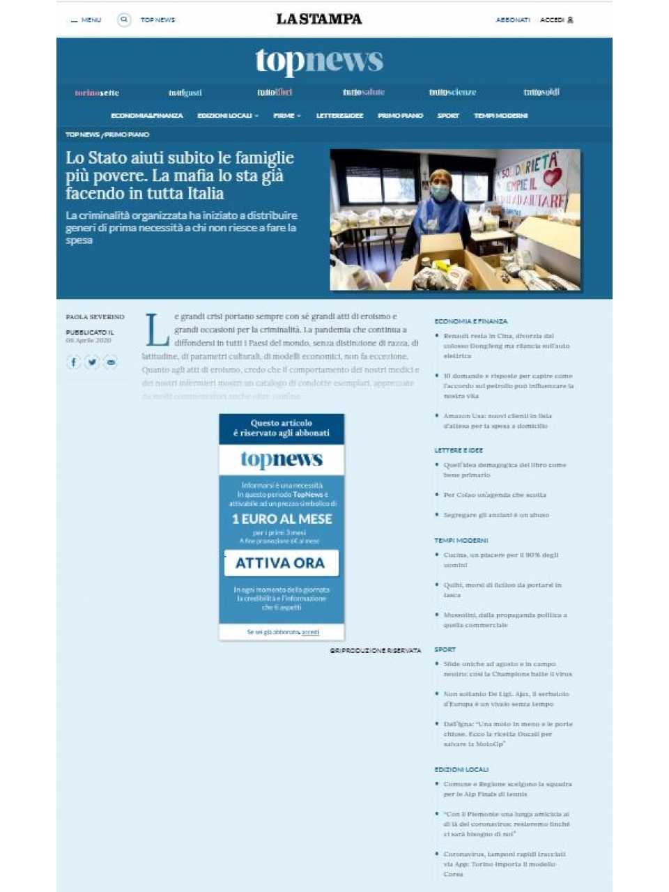 Lo Stato aiuti subito le famiglie più povere. La mafia lo sta già facendo in tutta Italia