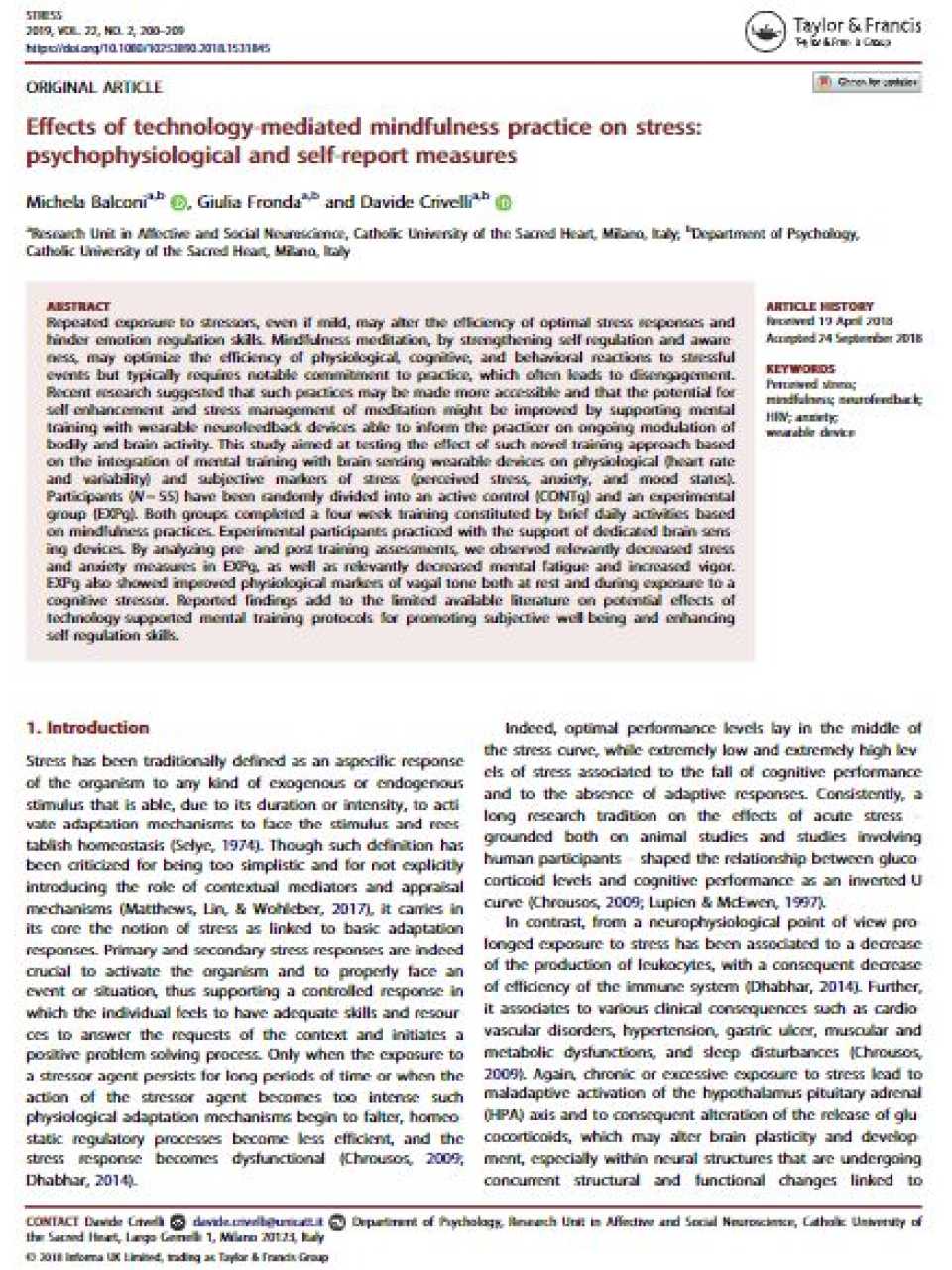 Effects of technology-mediated mindfulness practice on stress: psychophysiological and self-report measures