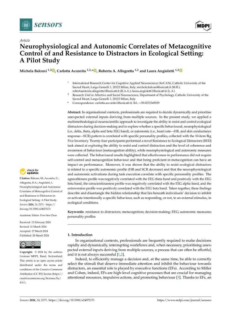 Neurophysiological and autonomic correlates of metacognitive control of and resistance to distractors in ecological setting: a pilot study